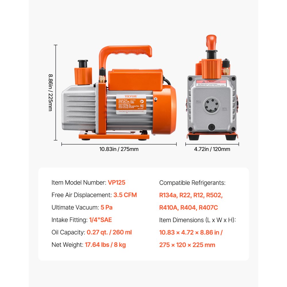 VEVOR 3.5 CFM AC Vacuum Pump and Gauge Set, Single Stage Rotary Vane HVAC Air Vacuum Pump, A/C Refrigerant Manifold Gauge Kit, with Hoses, for R134a, R12, R22, R502a, R410A, R404, R407C Refrigerants