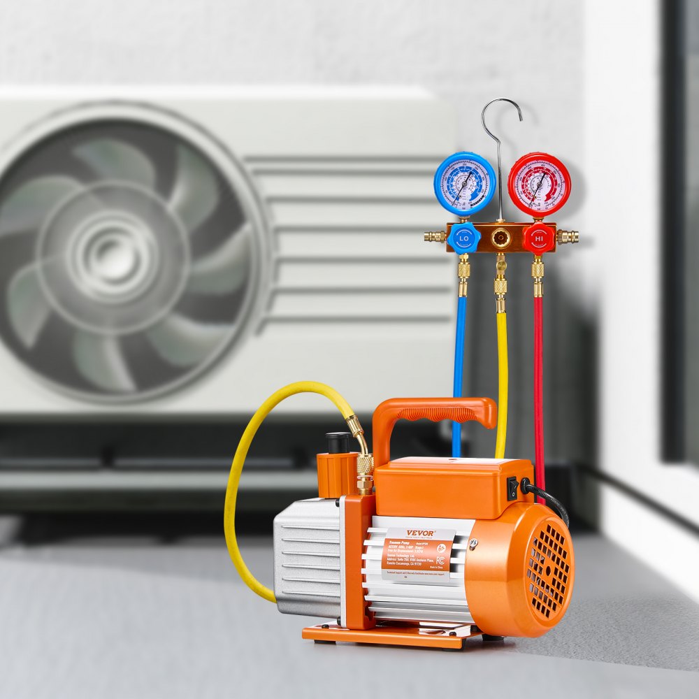 VEVOR 3.5 CFM AC Vacuum Pump and Gauge Set, Single Stage Rotary Vane HVAC Air Vacuum Pump, A/C Refrigerant Manifold Gauge Kit, with Hoses, for R134a, R12, R22, R502a, R410A, R404, R407C Refrigerants