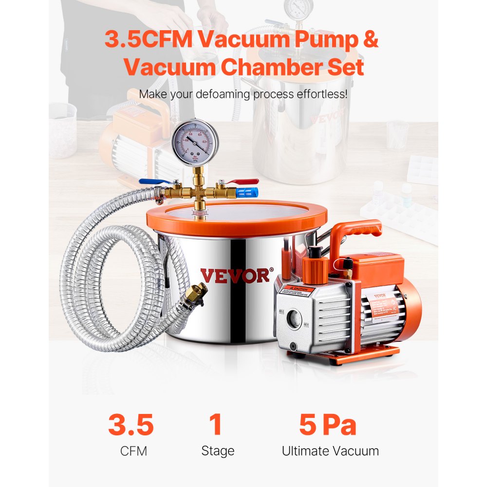 VEVOR 1.5 Gallon Vacuum Chamber and 3.5 CFM Pump Kit, Stainless Steel Chamber, Single Stage Vacuum Pump Degassing Chamber Kit, with Acrylic Lid, Oil, 4.92 ft Hose, for Degassing Resin Silicone Epoxies