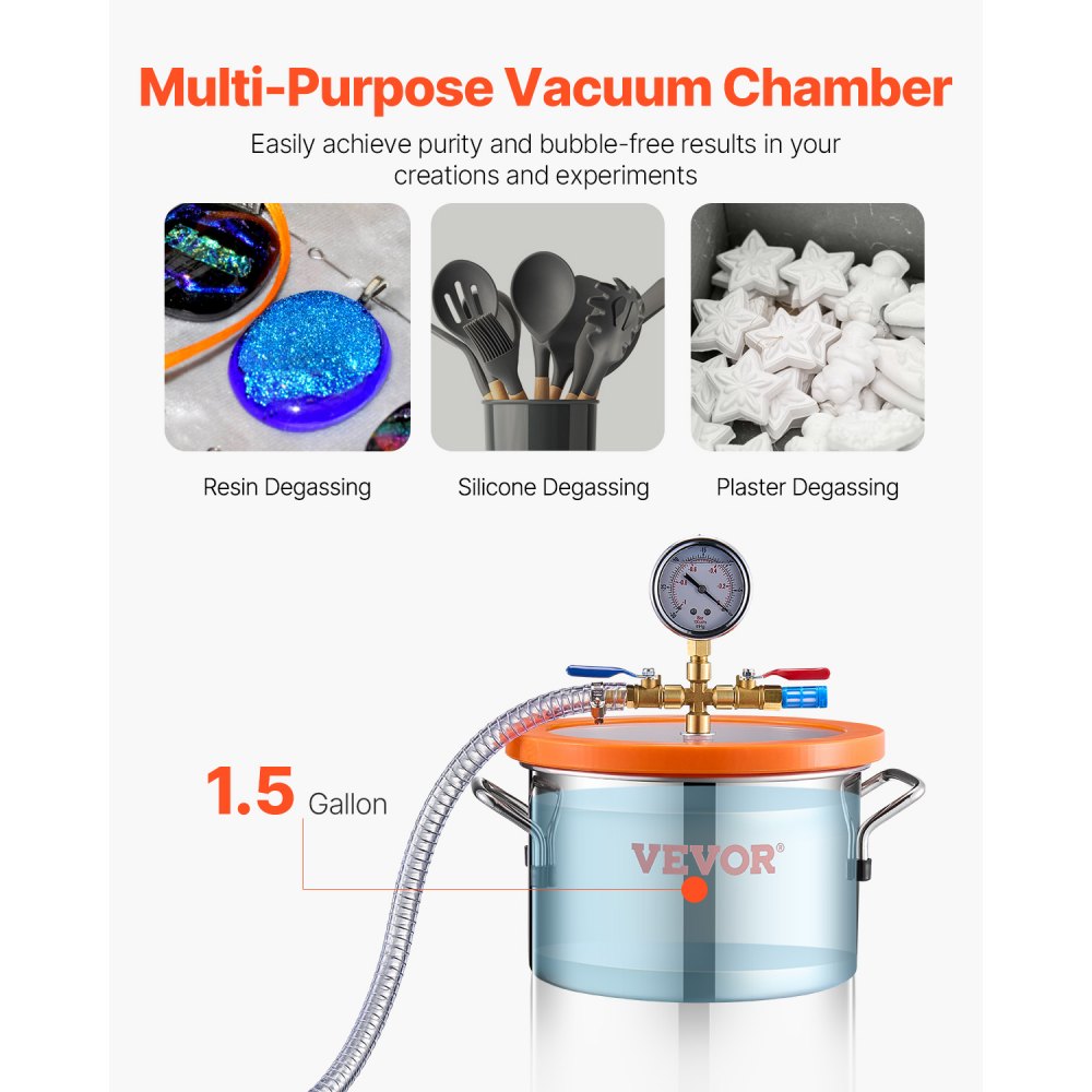 VEVOR 1.5 Gallon Vacuum Chamber and 3.5 CFM Pump Kit, Stainless Steel Chamber, Single Stage Vacuum Pump Degassing Chamber Kit, with Acrylic Lid, Oil, 4.92 ft Hose, for Degassing Resin Silicone Epoxies
