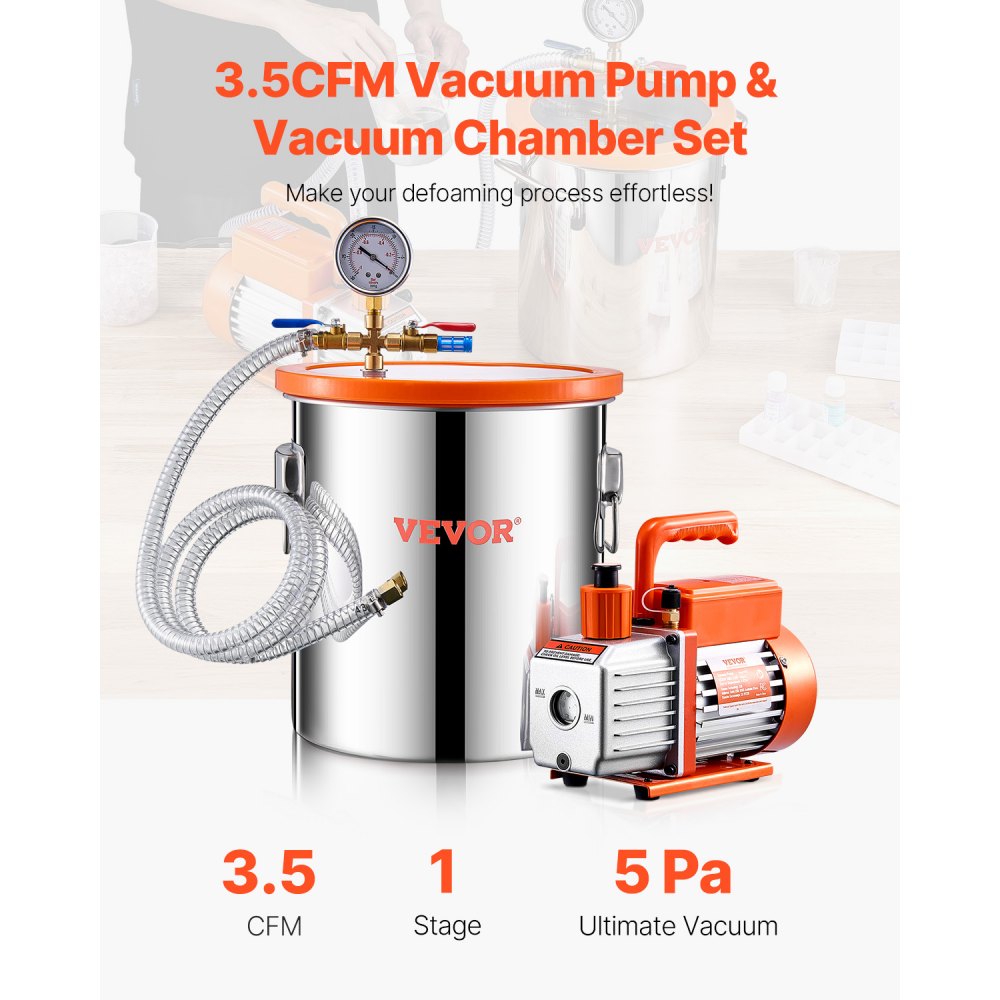 VEVOR 5 Gallon Vacuum Chamber and 3.5 CFM Pump Kit, Stainless Steel Chamber, Single Stage Vacuum Pump Degassing Chamber Kit, with Acrylic Lid, Oil, 4.92 ft Hose, for Degassing Resin Silicone Epoxies