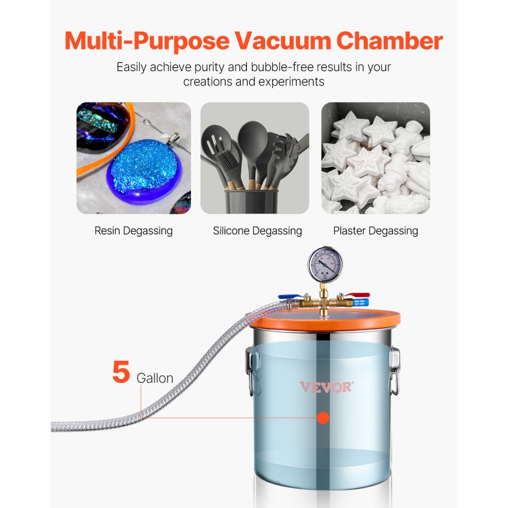 VEVOR 5 Gallon Vacuum Chamber and 3.5 CFM Pump Kit, Stainless Steel Chamber, Single Stage Vacuum Pump Degassing Chamber Kit, with Acrylic Lid, Oil, 4.92 ft Hose, for Degassing Resin Silicone Epoxies