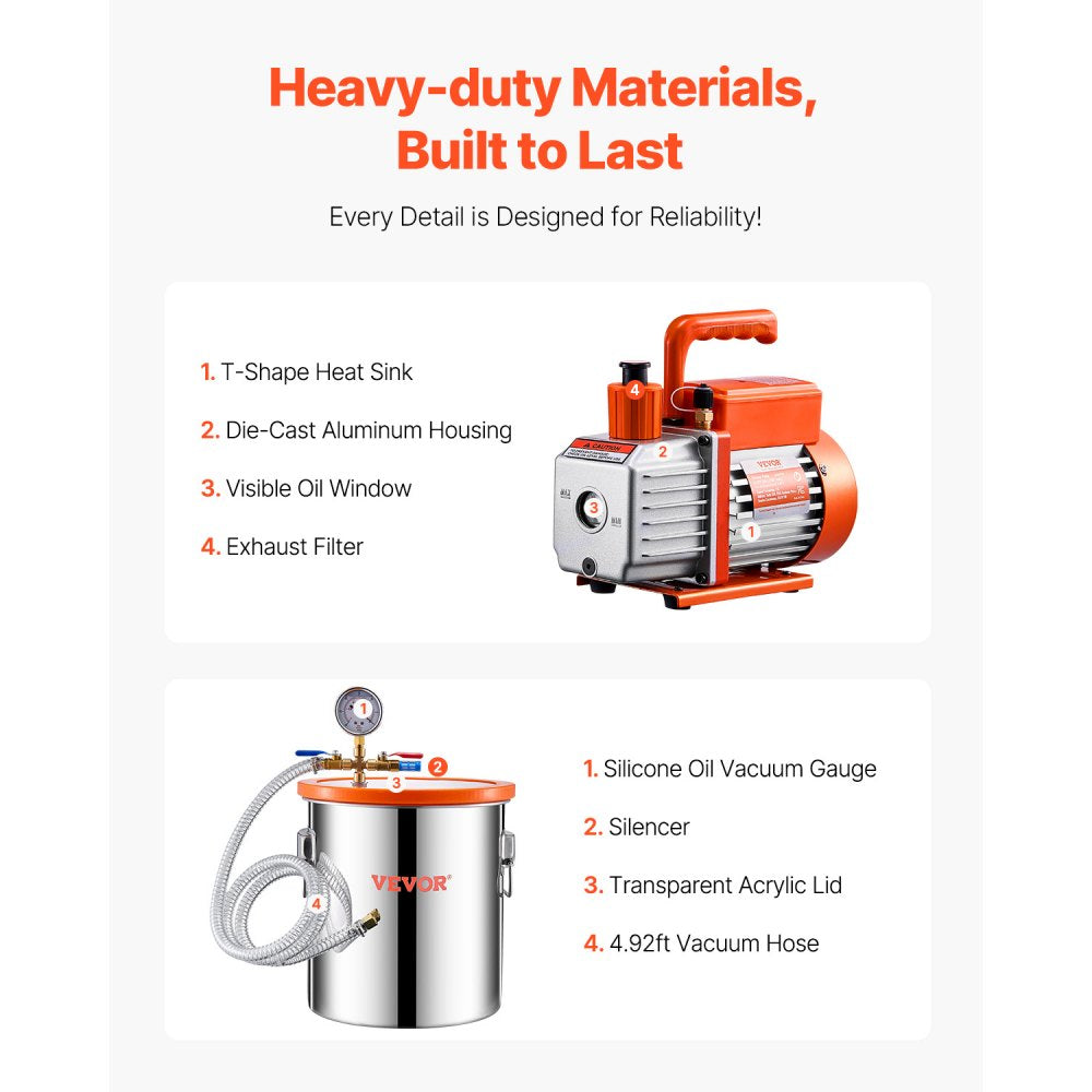 VEVOR 5 Gallon Vacuum Chamber and 3.5 CFM Pump Kit, Stainless Steel Chamber, Single Stage Vacuum Pump Degassing Chamber Kit, with Acrylic Lid, Oil, 4.92 ft Hose, for Degassing Resin Silicone Epoxies