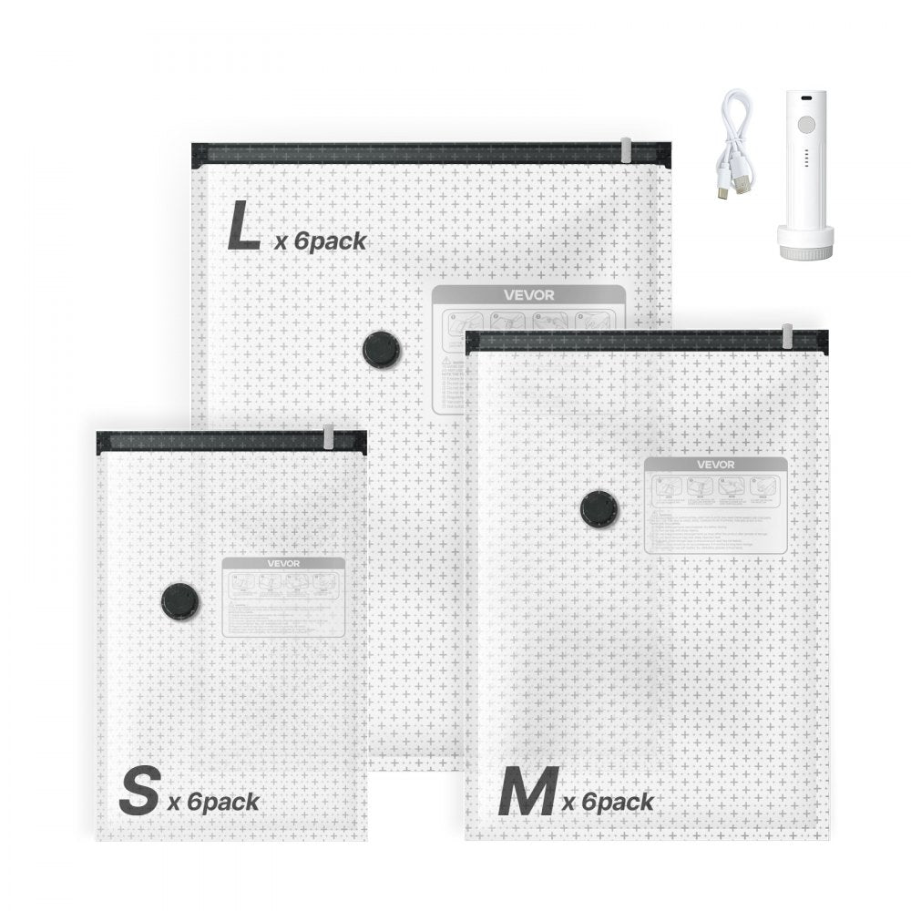 VEVOR Vacuum Storage Bags, 18 Pack Space Saver Vacuum Seal Bags for Clothing, with Pump and Charging Cable, Double Zipper Seal, Thickened PA and PE, Compression for Clothes Storage, Travel Luggage