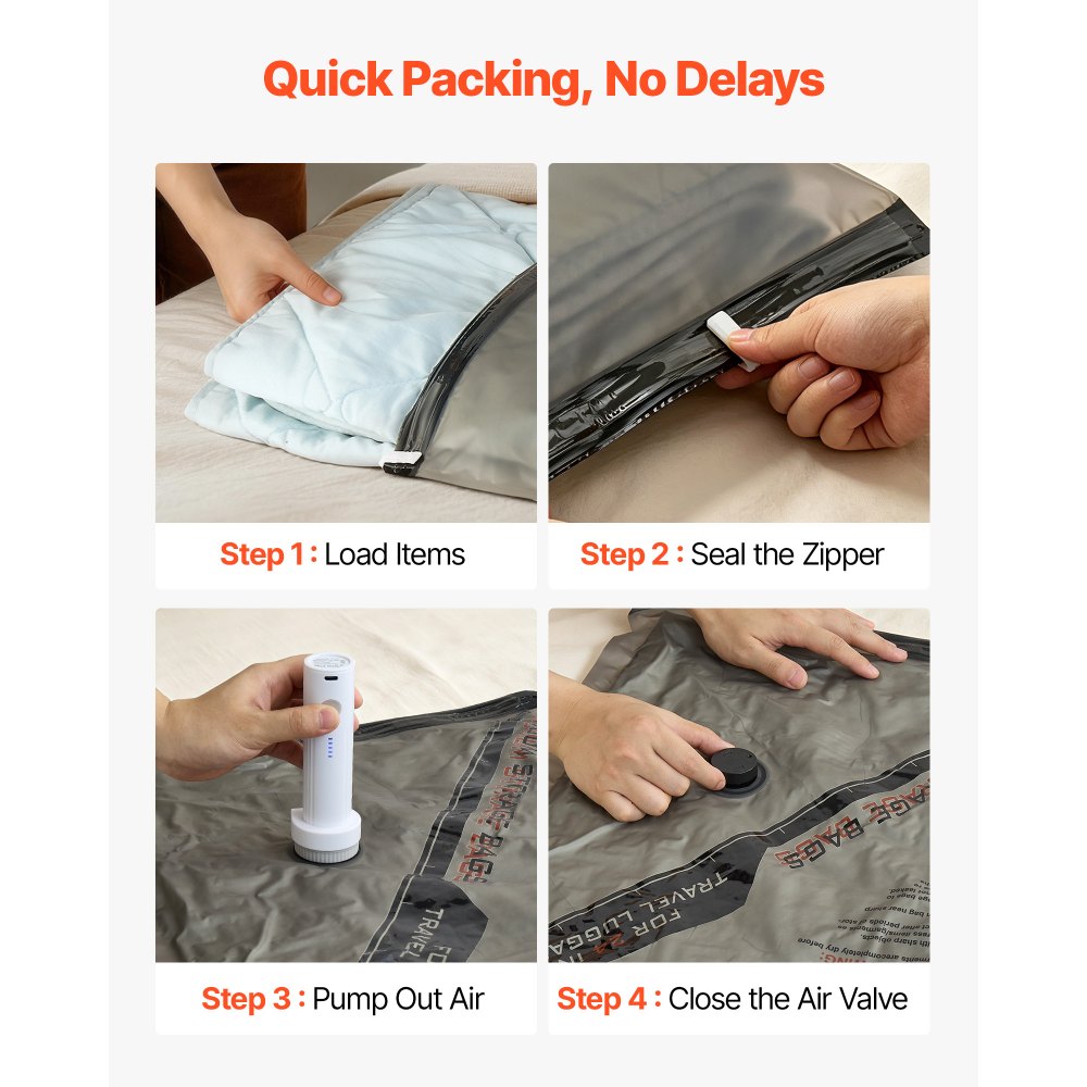 VEVOR Vacuum Storage Bags, 16 Pack Space Saver Vacuum Seal Bags for Clothing, with Pump and Charging Cable, Double Zipper Seal, Thickened PA and PE, Compression for Clothes Storage, Travel Luggage