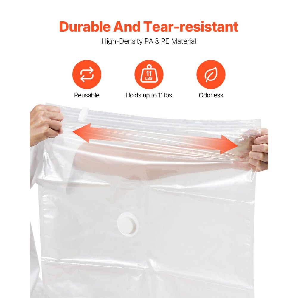 VEVOR Vacuum Storage Bags, 10 Jumbo Space Saver Vacuum Seal Bags, Compression Airtight Space Bags, Zipper Sealer Bags for Clothes, Bedding, Blanket, Pillows, Comforters, Travel (Hand Pump Included)
