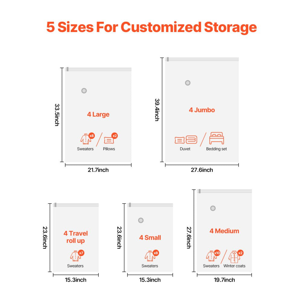 VEVOR Vacuum Storage Bags, 20 Pack Space Saver Seal Bag(4 Jumbo/4 Large/4 Medium/4 Small/4 Roll), Compression Airtight Zipper Space Bags with Hand Pump, for Cloth, Bedding, Blanket, Pillow, Travel