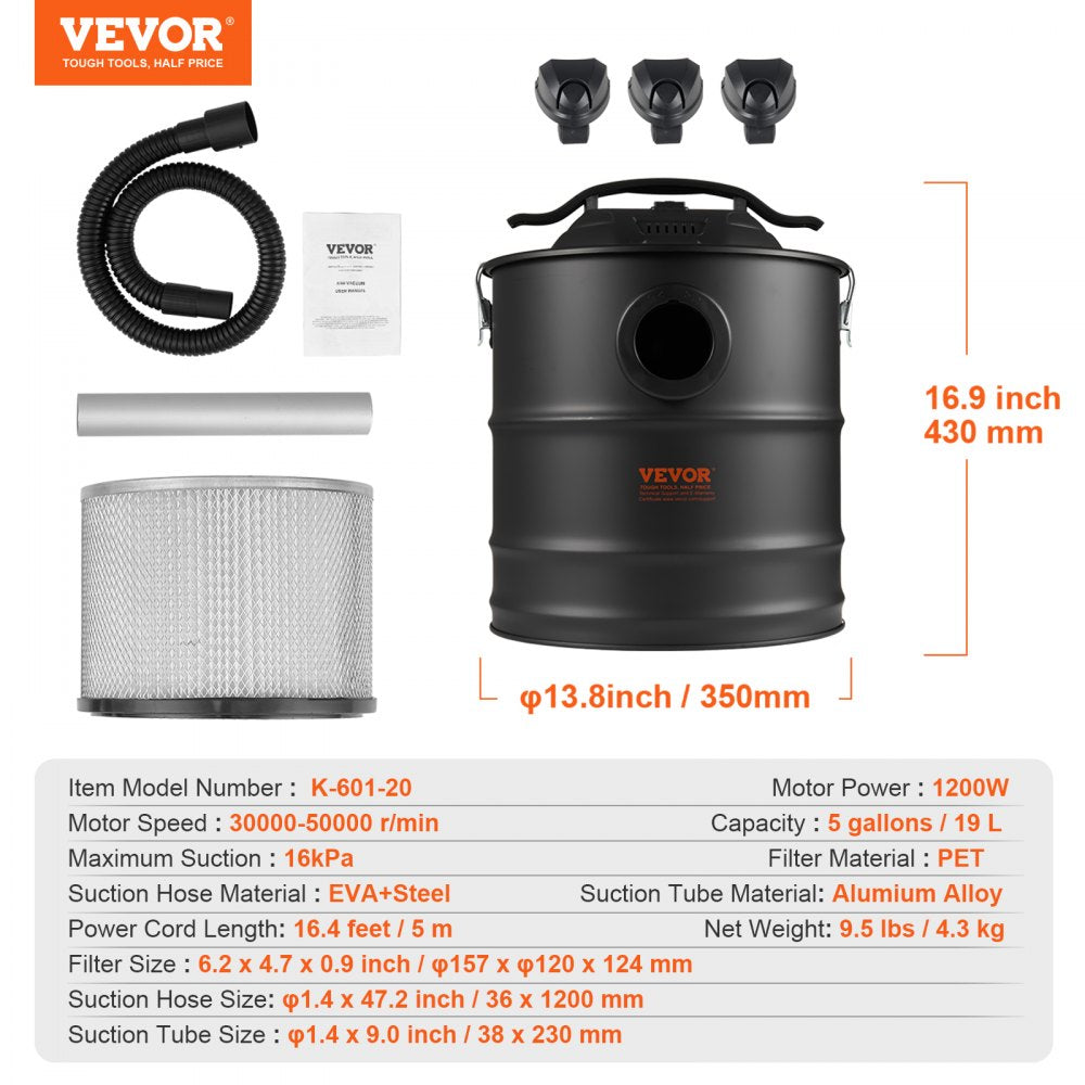 VEVOR Ash Vacuum Cleaner, 5 Gallon with 1200W Powerful Suction, Fireplace Vacuum with Reverse Suction, 16.4 ft Power Cable, 16 Kpa Max. Vacuum, for Fireplaces, Pellet Stoves, Wood Stove, Log Burner