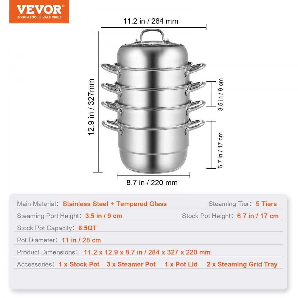 VEVOR Steamer Pot 11in/28cm, 5 Tier Steamer Pot for Cooking with 8.5QT Stock Pot, 3 Vegetable Steamers & 2 Steaming Trays, Food-Grade 304 Stainless Steel Food Steamer Cookware for Gas Electric Stove