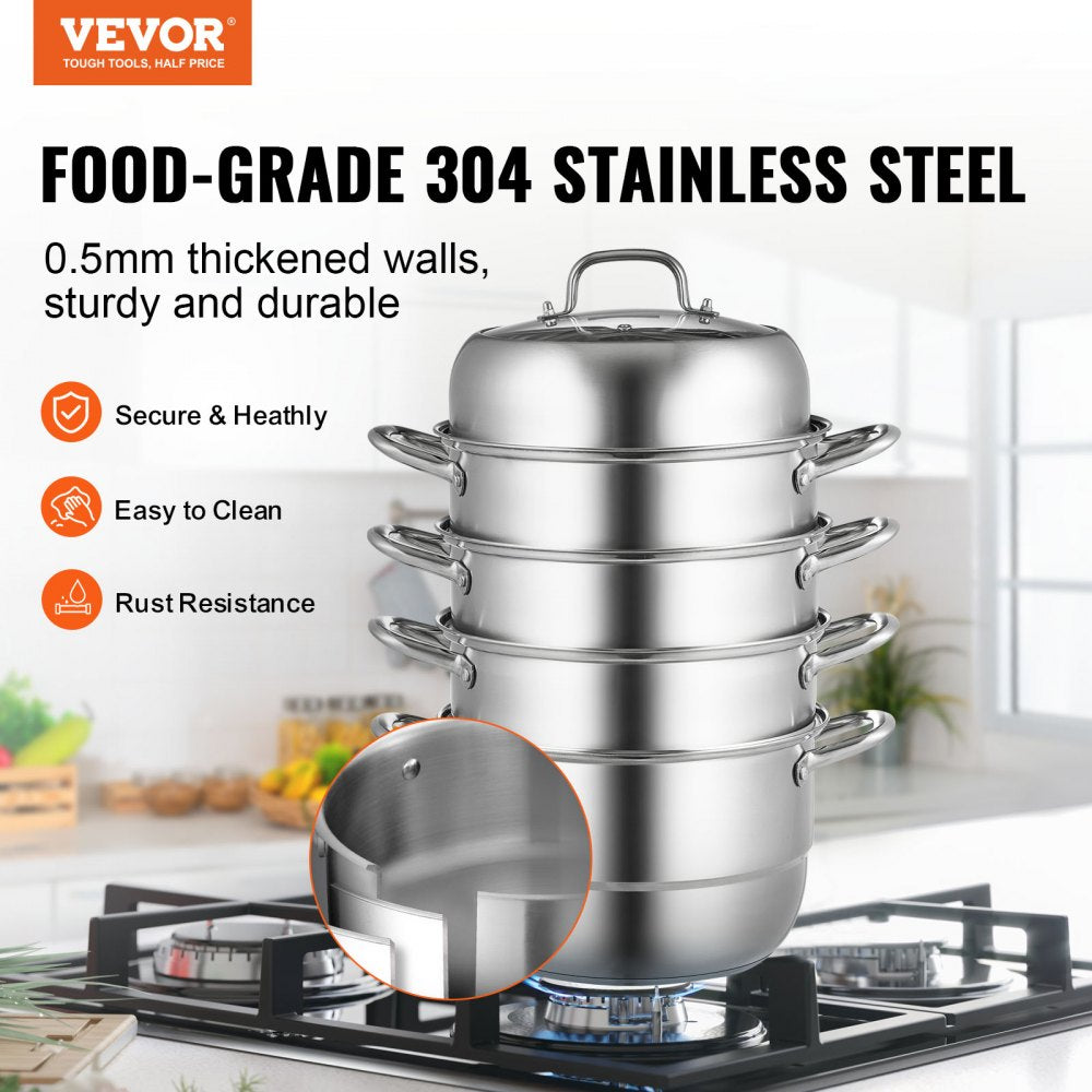 VEVOR Steamer Pot 11.8in/30cm, 5 Tier Steamer Pot for Cooking with 10QT Stock Pot, 3 Vegetable Steamers & 2 Steaming Trays, Food-Grade 304 Stainless Steel Food Steamer Cookware for Gas Electric Stove