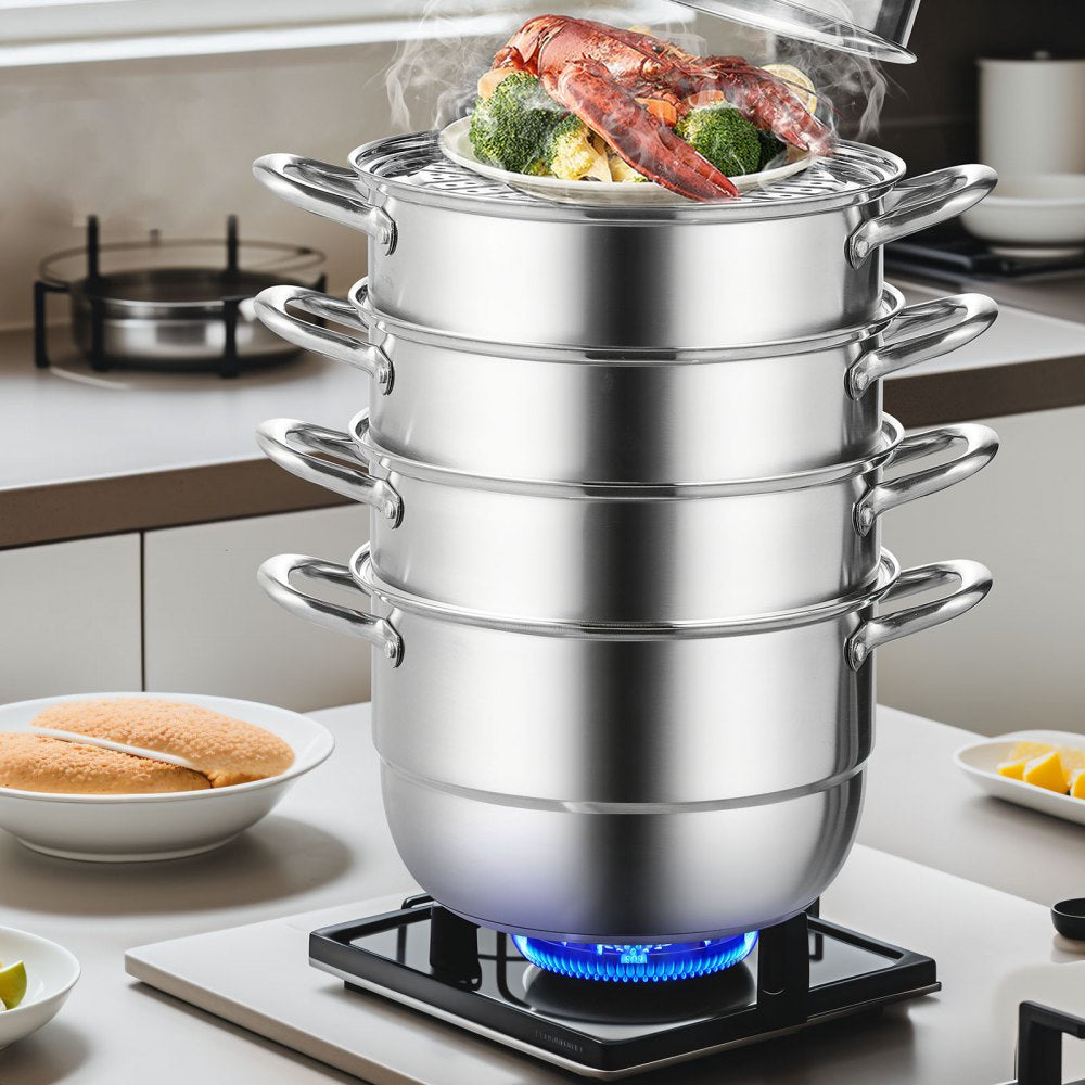 VEVOR Steamer Pot 11.8in/30cm, 5 Tier Steamer Pot for Cooking with 10QT Stock Pot, 3 Vegetable Steamers & 2 Steaming Trays, Food-Grade 304 Stainless Steel Food Steamer Cookware for Gas Electric Stove