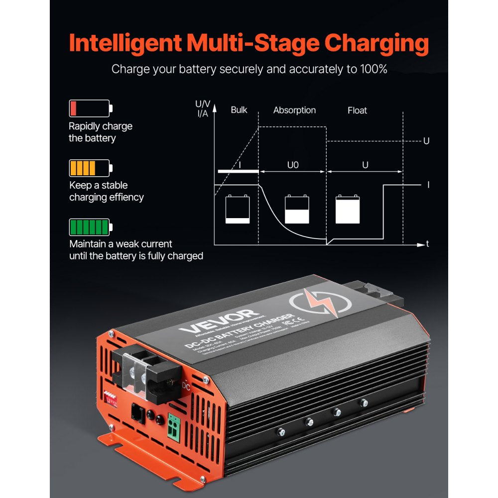 VEVOR 12V 60A DC to DC Battery Charger, 750W, On-Board Battery Charger for Lead-Acid, Lithium, AGM, GEL, and Flooded Batteries, Smart Multi-Stage Charging, for RVs, Commercial Vehicles, Boats, Yachts