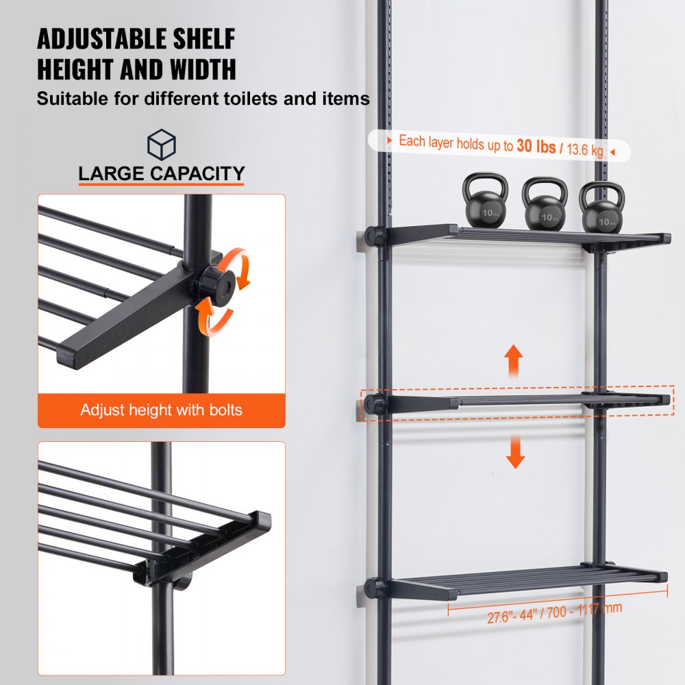 VEVOR Over the Toilet Storage, 4-Tier Adjustable Over Toilet Bathroom Organizer, Low-carbon Steel 53"-132" Tall Storage Shelf Rack, Easy Assembly Laundry Space Saver, for Small Rooms, Fit Most Toilets