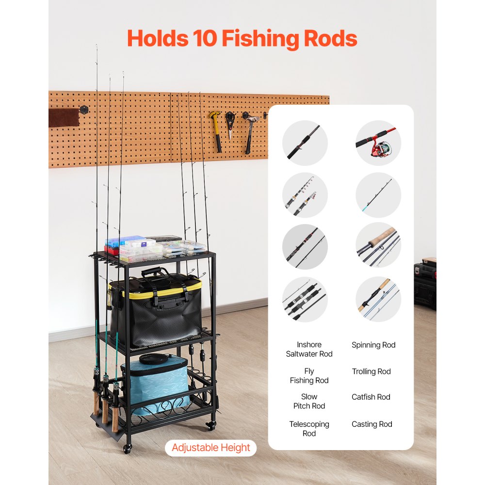 VEVOR Fishing Rod Holder for 10-Rods, Mobile Fishing Pole Rack Cart with Wheels, Fish Gear Equipment Organizer for Garage Home Indoor Use, for Tackle Box Reel Accessories Storage, Gifts for Men