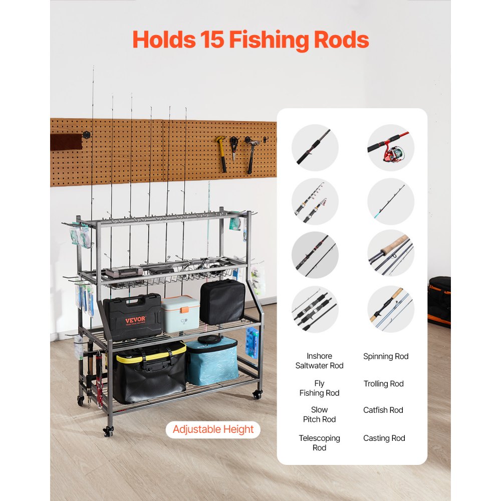 VEVOR Fishing Rod Holder for 15-Rods, Mobile Fishing Pole Rack Cart with Wheels, Fish Gear Equipment Organizer for Garage Home Indoor Use, for Tackle Box Reel Accessories Storage, Gifts for Men