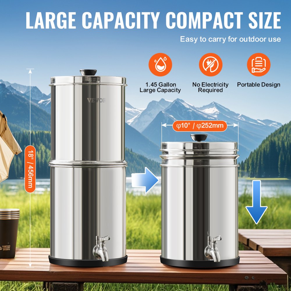 VEVOR Gravity-fed Water Filter System, 1.5G 304 Stainless-Steel Countertop System, Water Filtration System, Reduces Lead and up to 99% of Chlorine, with 2 Carbon Filters & Spigot, for Home Camping RV