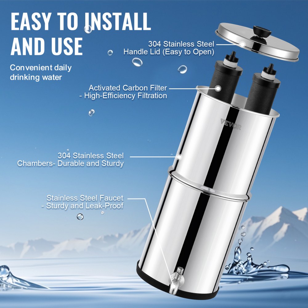 VEVOR Gravity-fed Water Filter System, 1.5G 304 Stainless-Steel Countertop System, Water Filtration System, Reduces Lead and up to 99% of Chlorine, with 2 Carbon Filters & Spigot, for Home Camping RV