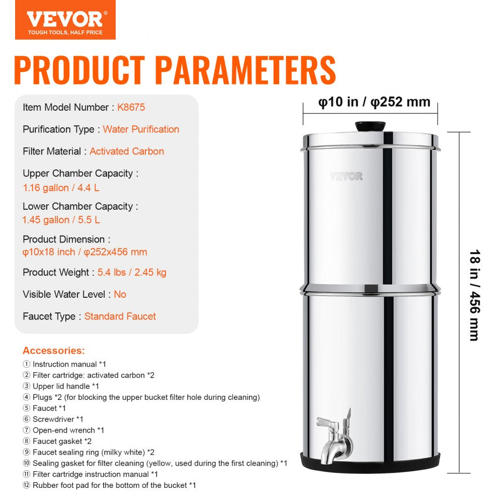 VEVOR Gravity-fed Water Filter System, 1.5G 304 Stainless-Steel Countertop System, Water Filtration System, Reduces Lead and up to 99% of Chlorine, with 2 Carbon Filters & Spigot, for Home Camping RV