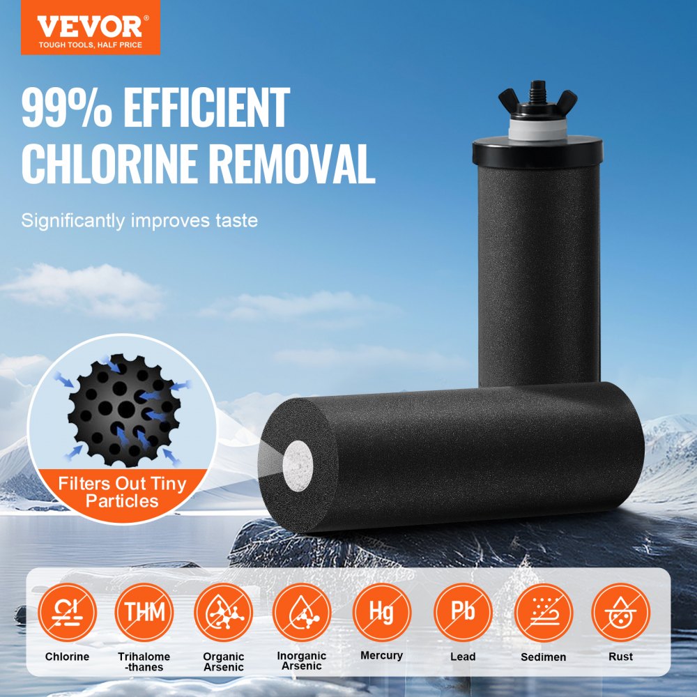 VEVOR Gravity-fed Water Filter System, 2.25G 304 Stainless-Steel Countertop Water Filtration System, Reduces Lead and up to 99% of Chlorine, with 2 Carbon Filters/Spigot/Stand, for Home Camping RV