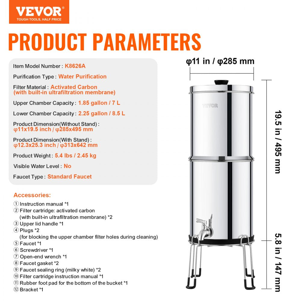 VEVOR Gravity-fed Water Filter System, 2.25G 304 Stainless-Steel Countertop Water Filtration System, Reduces Lead and up to 99% of Chlorine, with 2 Carbon Filters/Spigot/Stand, for Home Camping RV