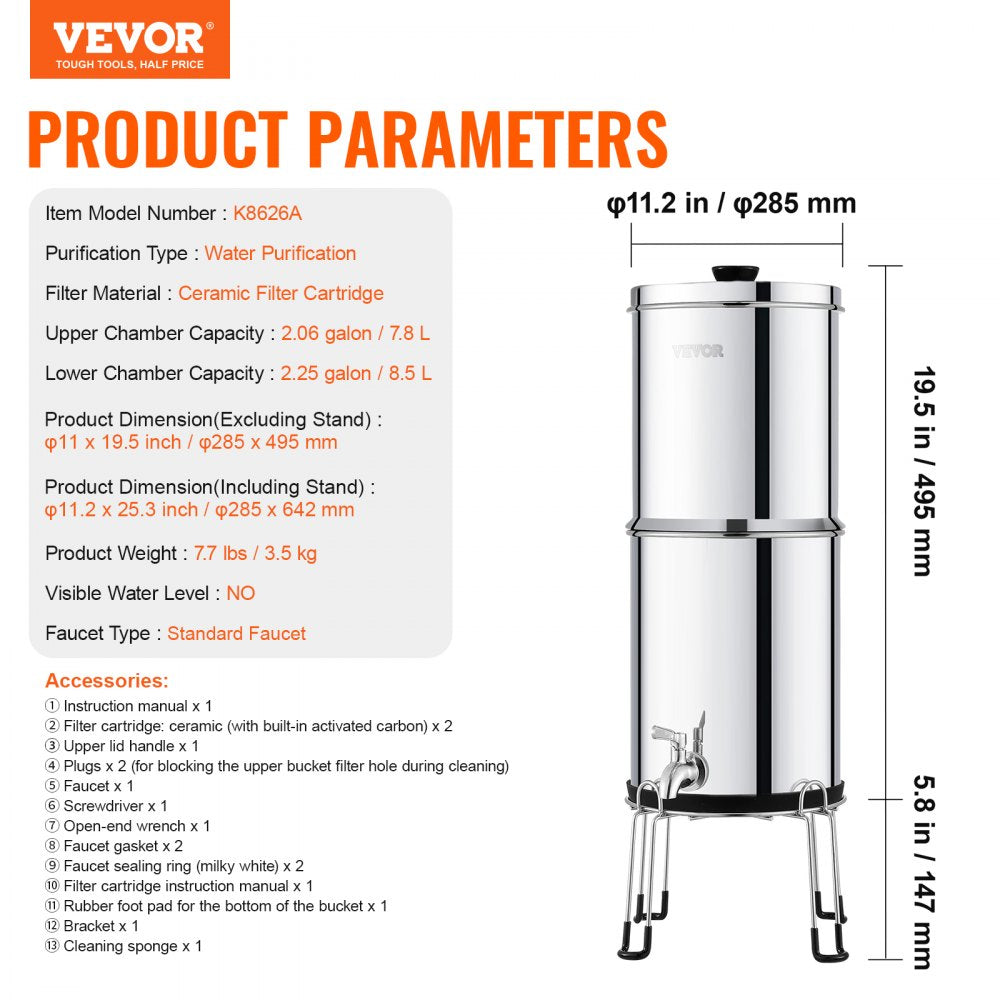 VEVOR Gravity-fed Water Filter System, 2.25G 304 Stainless-Steel Countertop Water Filtration System, Reduces Lead and up to 99% of Chlorine, with 2 Ceramic Carbon Filters, Spigot, and Stand