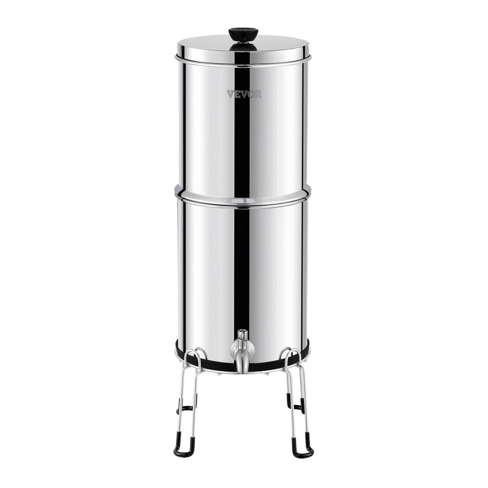 VEVOR Gravity-fed Water Filter System, 2.25G 304 Stainless-Steel Countertop Water Filtration System, Reduces Lead and up to 99% of Chlorine, with 2 Ceramic Carbon Filters, Spigot, and Stand