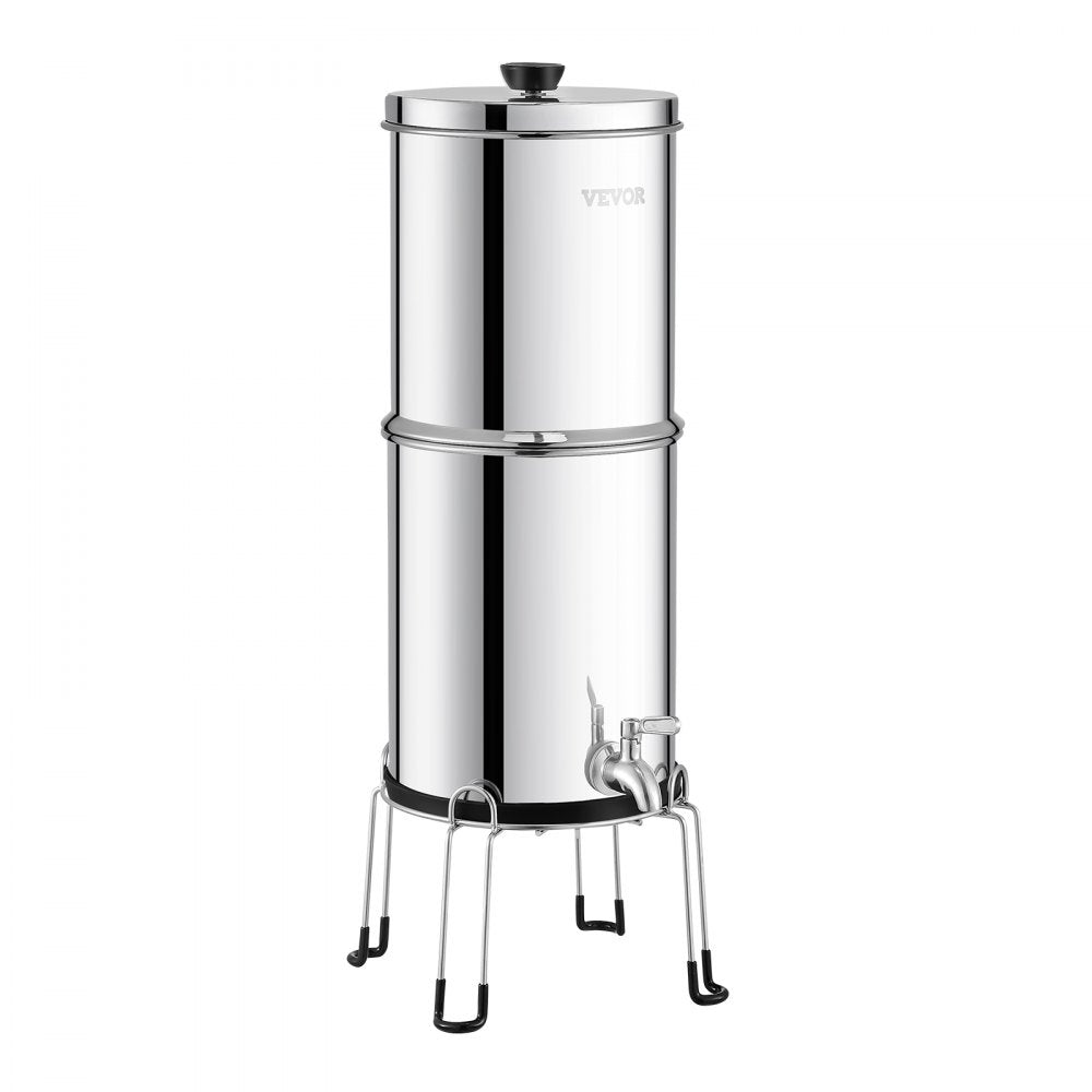 VEVOR Gravity-fed Water Filter System, 2.25G 304 Stainless-Steel Countertop Water Filtration System, Reduces Lead and up to 99% of Chlorine, with 2 Ceramic Carbon Filters, Spigot, and Stand
