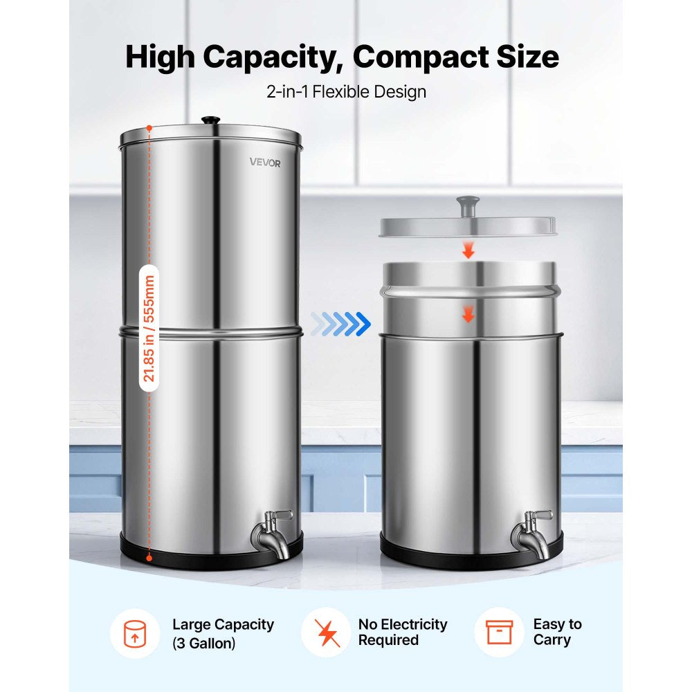 VEVOR Gravity-fed Water Filter System, 3G 304 Stainless-Steel Countertop Water Filtration System, Reduces Lead and up to 99% of Chlorine, with 2 Ceramic Carbon Filters, and Spigot, for Home Camping RV