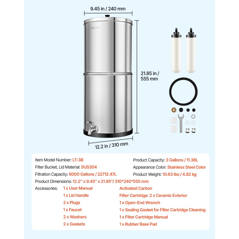VEVOR Gravity-fed Water Filter System, 3G 304 Stainless-Steel Countertop Water Filtration System, Reduces Lead and up to 99% of Chlorine, with 2 Ceramic Carbon Filters, and Spigot, for Home Camping RV