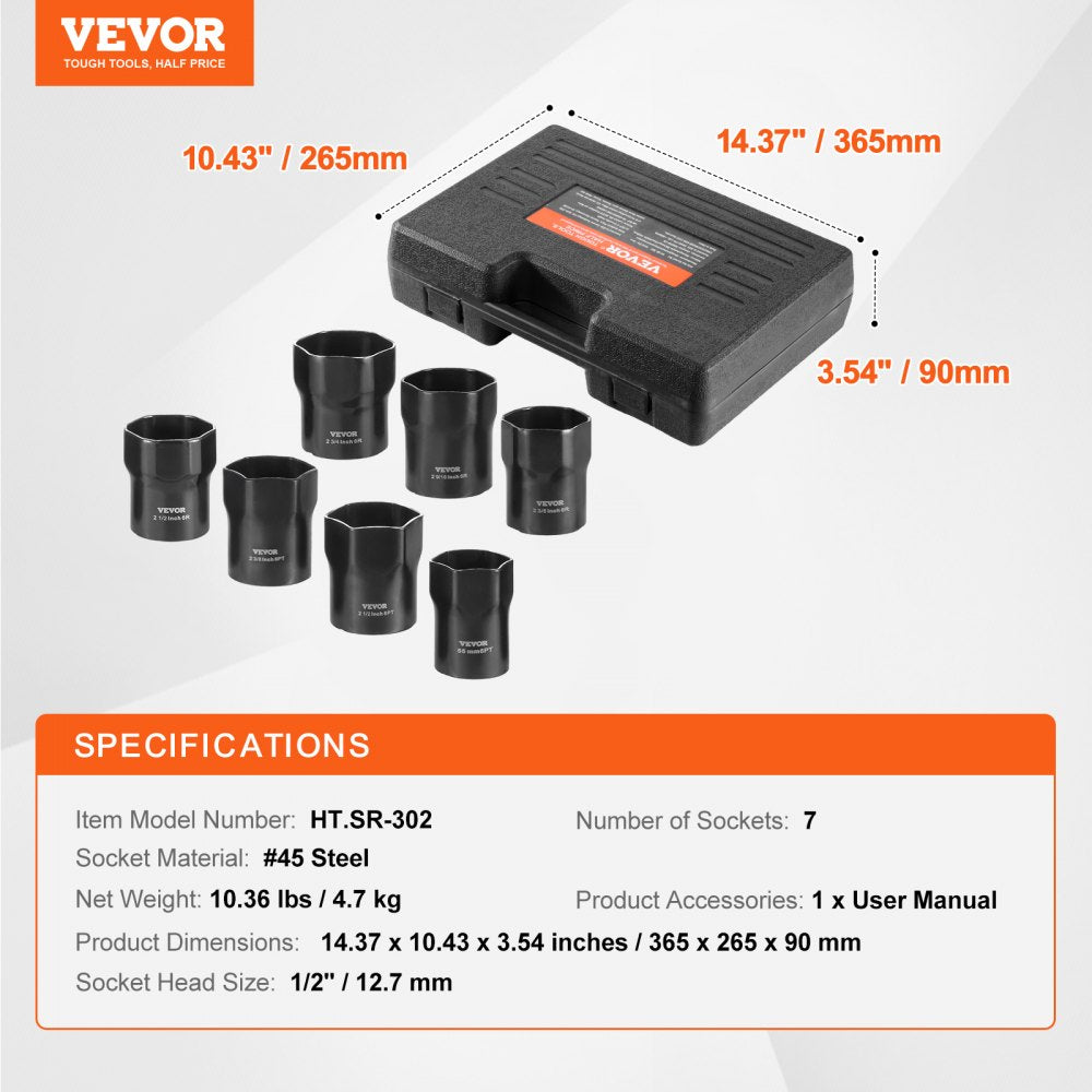 VEVOR Wheel Bearing Locknut Socket Set, 1/2 inch Drive 7 Piece SAE and Metric 6-Point Socket for Ford, Dodge, and Toyota Vehicles, with Storage Case, Remove and Install Wheel Bearing Lock Nuts