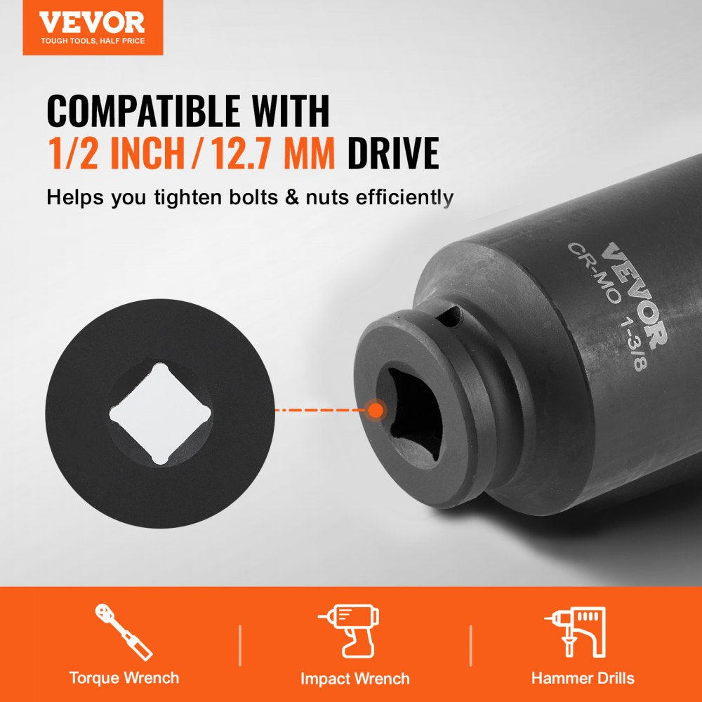 VEVOR Axle Nut Impact Socket Set, 1/2" Drive Deep 12-Point 8-Piece Metric Spindle Nut Socket Set, CR-MO Heat Treated Large Socket Set with Storage Case, Auto Repair, Removing or Installing Axle Nuts