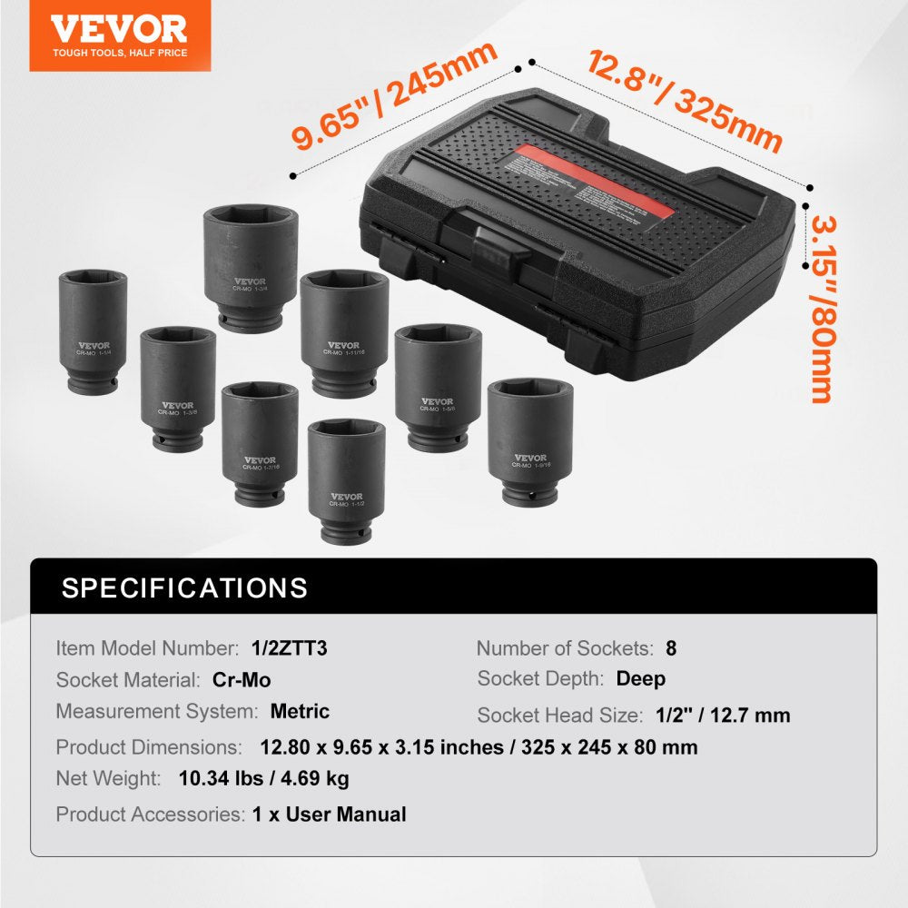 VEVOR Axle Nut Impact Socket Set, 1/2" Drive Deep 12-Point 8-Piece Metric Spindle Nut Socket Set, CR-MO Heat Treated Large Socket Set with Storage Case, Auto Repair, Removing or Installing Axle Nuts