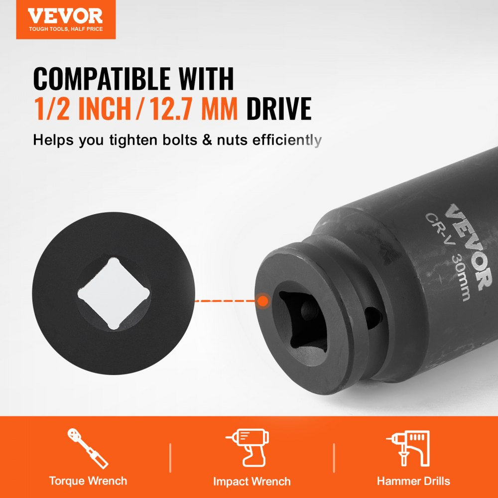 VEVOR Axle Nut Impact Socket Set, 1/2" Drive Deep 6+12-Point 14-Piece Metric Spindle Nut Socket Set, CR-V Heat Treated Large Socket Set with Storage Case, Auto Repair, Removing or Installing Axle Nuts