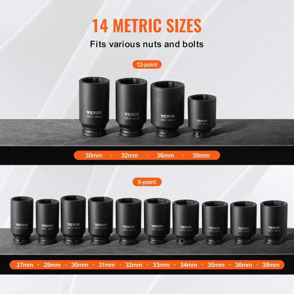 VEVOR Axle Nut Impact Socket Set, 1/2" Drive Deep 6+12-Point 14-Piece Metric Spindle Nut Socket Set, CR-V Heat Treated Large Socket Set with Storage Case, Auto Repair, Removing or Installing Axle Nuts