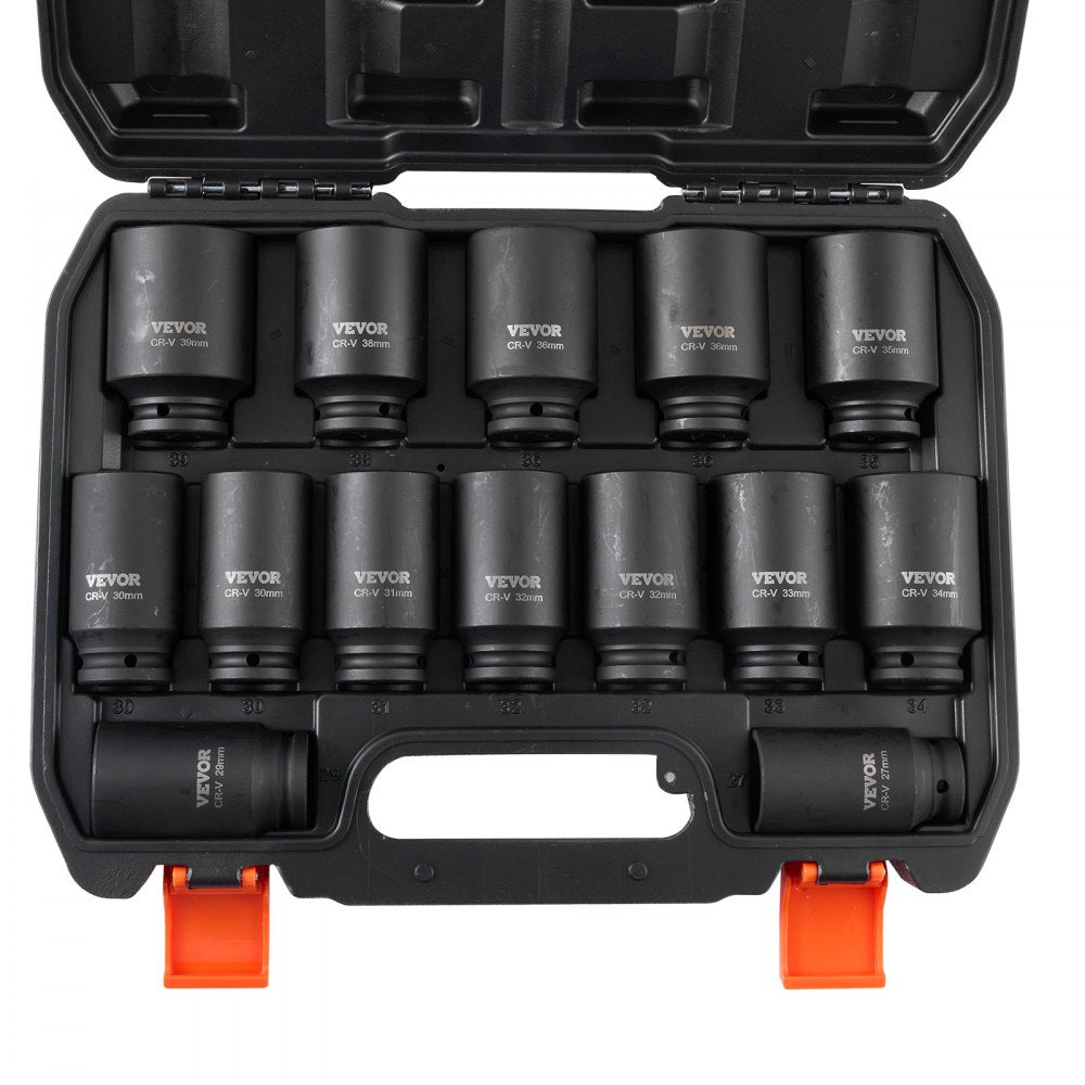 VEVOR Axle Nut Impact Socket Set, 1/2" Drive Deep 6+12-Point 14-Piece Metric Spindle Nut Socket Set, CR-V Heat Treated Large Socket Set with Storage Case, Auto Repair, Removing or Installing Axle Nuts