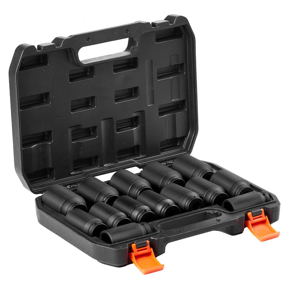 VEVOR Axle Nut Impact Socket Set, 1/2" Drive Deep 6+12-Point 14-Piece Metric Spindle Nut Socket Set, CR-V Heat Treated Large Socket Set with Storage Case, Auto Repair, Removing or Installing Axle Nuts