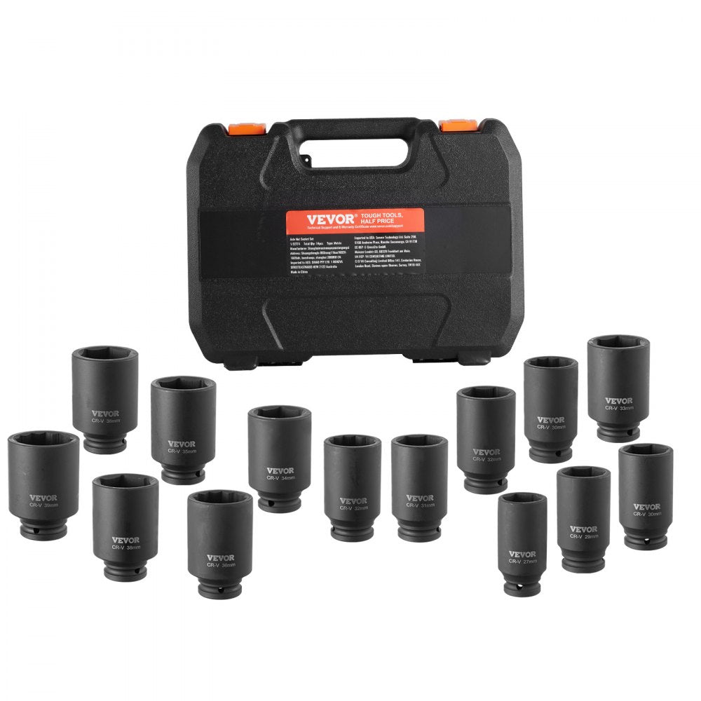 VEVOR Axle Nut Impact Socket Set, 1/2" Drive Deep 6+12-Point 14-Piece Metric Spindle Nut Socket Set, CR-V Heat Treated Large Socket Set with Storage Case, Auto Repair, Removing or Installing Axle Nuts