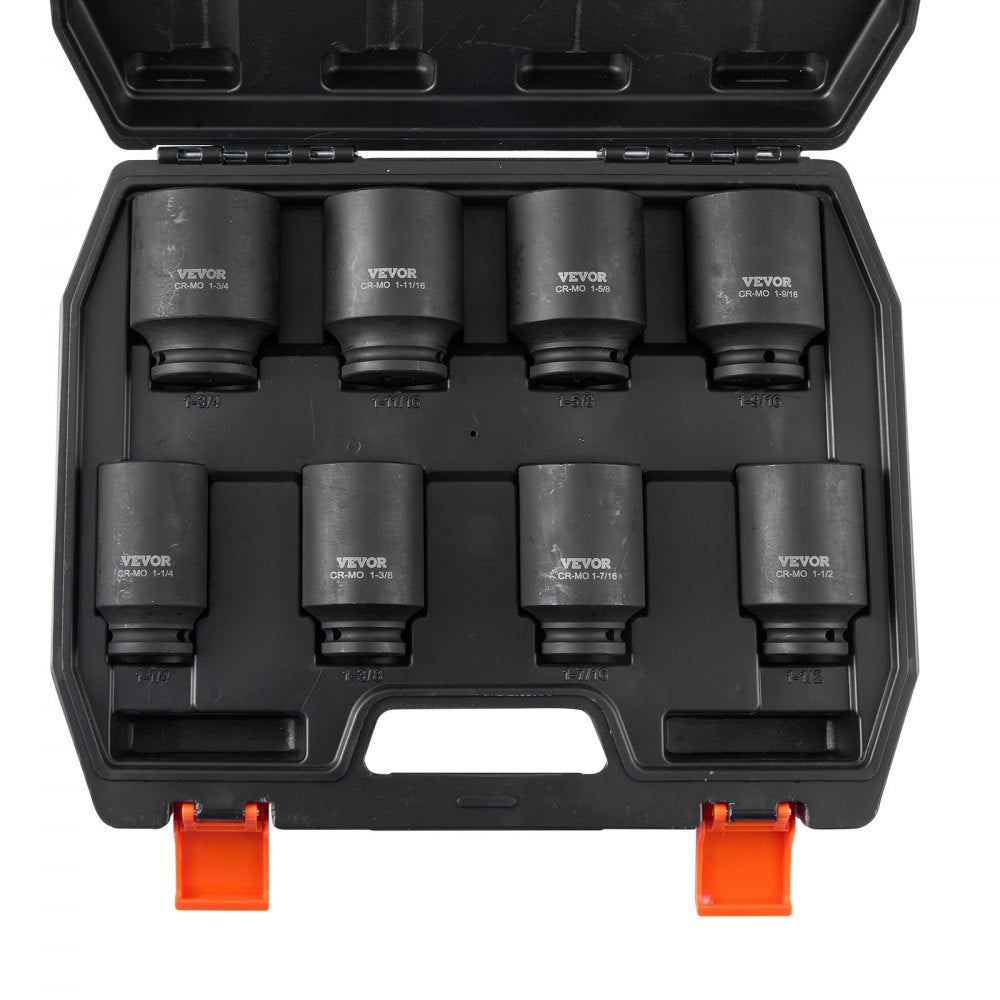 VEVOR Axle Nut Impact Socket Set, 1/2" Drive Deep 6-Point 8-Piece SAE Spindle Nut Socket Set, CR-MO Heat Treated Large Socket Set with Storage Case, for Auto Repair, Removing or Installing Axle Nuts