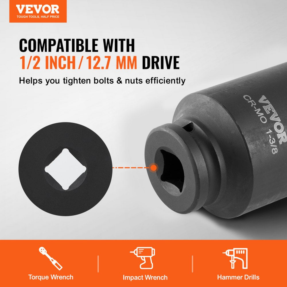 VEVOR Axle Nut Impact Socket Set, 1/2" Drive Deep 6-Point 8-Piece SAE Spindle Nut Socket Set, CR-MO Heat Treated Large Socket Set with Storage Case, for Auto Repair, Removing or Installing Axle Nuts