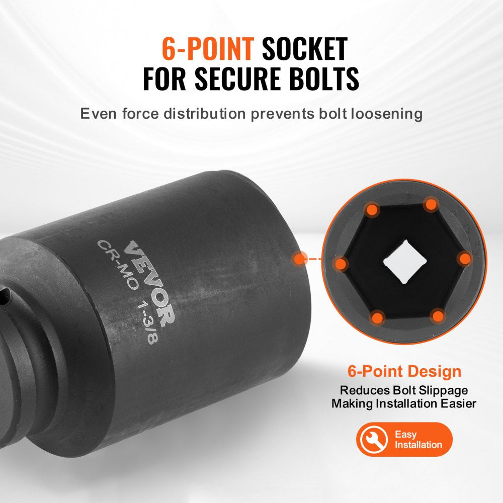 VEVOR Axle Nut Impact Socket Set, 1/2" Drive Deep 6-Point 8-Piece SAE Spindle Nut Socket Set, CR-MO Heat Treated Large Socket Set with Storage Case, for Auto Repair, Removing or Installing Axle Nuts