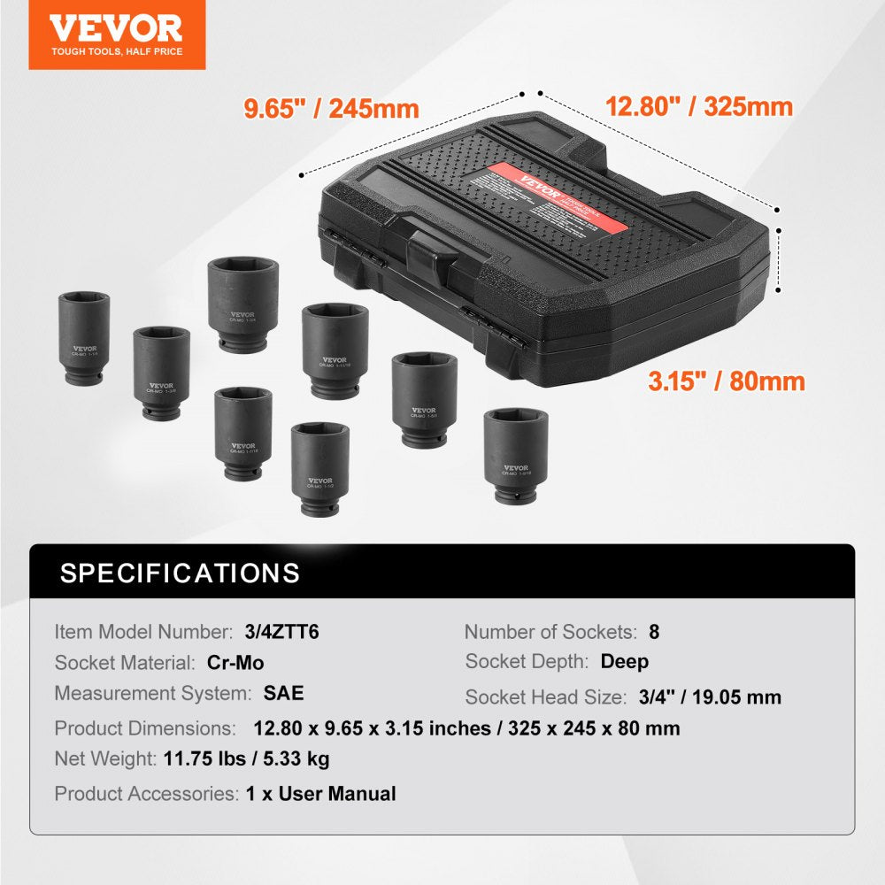 VEVOR Axle Nut Impact Socket Set, 3/4" Drive Deep 6-Point 8-Piece SAE Spindle Nut Socket Set, CR-MO Heat Treated Large Socket Set with Storage Case, for Auto Repair, Removing or Installing Axle Nuts