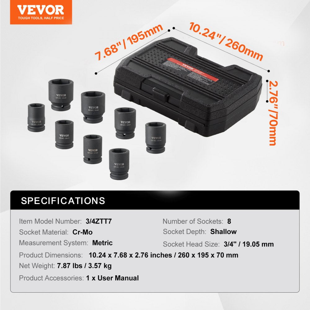 VEVOR Axle Nut Impact Socket Set, 3/4" Drive 6-Point 8-Piece Metric Spindle Nut Socket Set, CR-MO Heat Treated Large Socket Set with Storage Case, for Auto Repair, Removing or Installing Axle Nuts