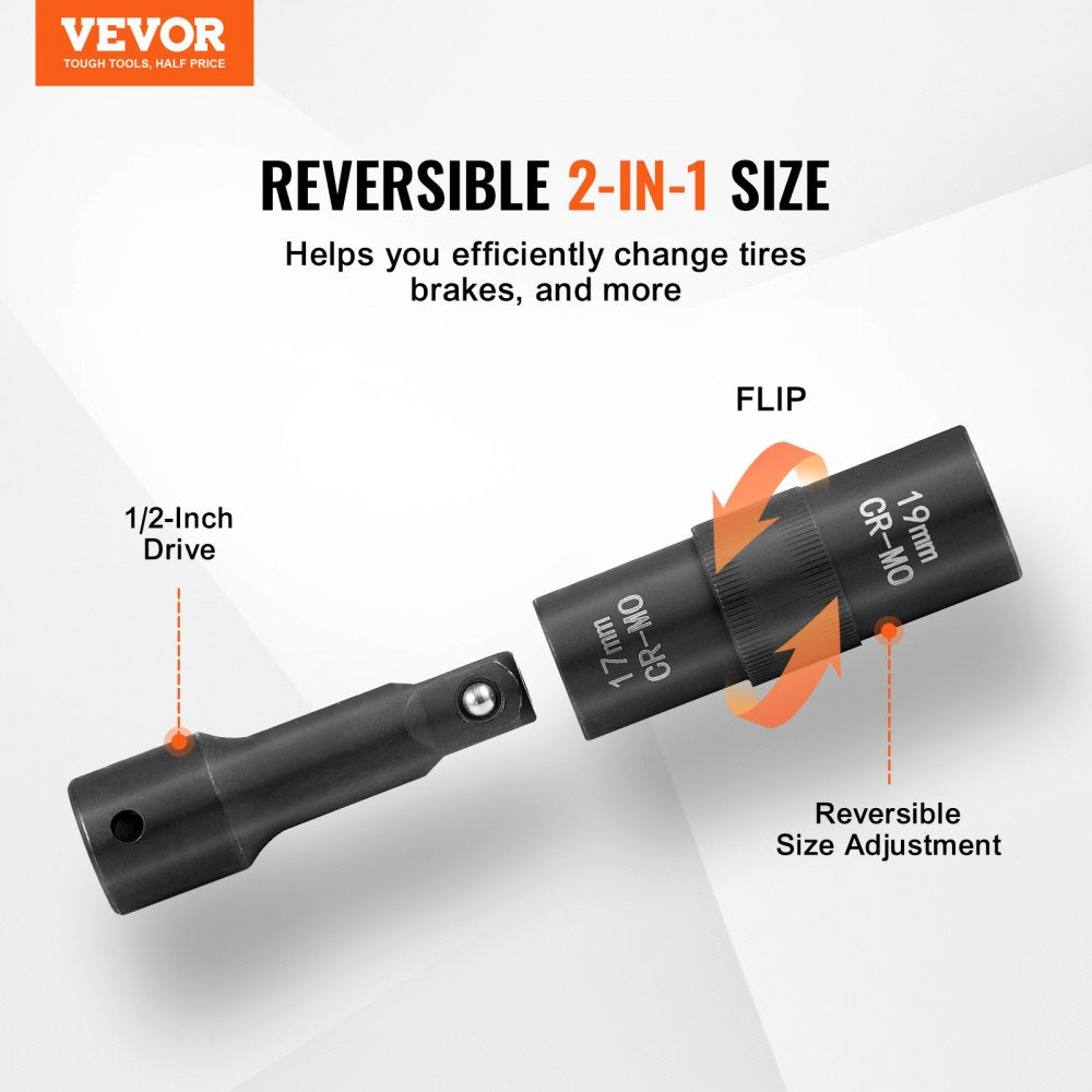 VEVOR Lug Nut Impact Socket Set, 1/2 inch Drive Metric and SAE 6-Point Flip Socket Set, 4 Total Lug Nut Sizes, CR-MO Steel Wheel Socket Set with Storage Case and Extension Bar, for Auto Repair