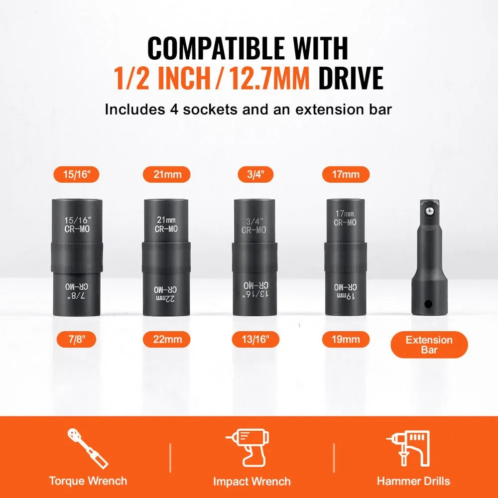 VEVOR Lug Nut Impact Socket Set, 1/2 inch Drive Metric and SAE 6-Point Flip Socket Set, 4 Total Lug Nut Sizes, CR-MO Steel Wheel Socket Set with Storage Case and Extension Bar, for Auto Repair