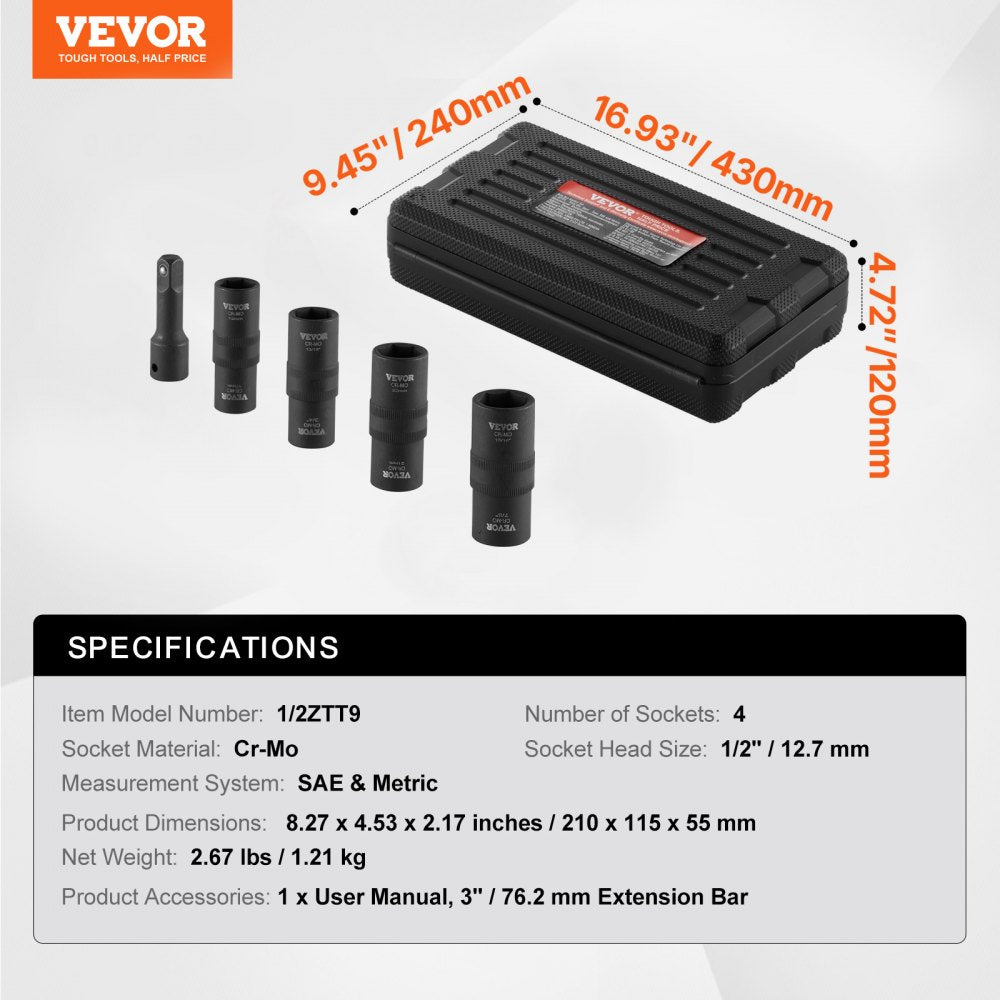 VEVOR Lug Nut Impact Socket Set, 1/2 inch Drive Metric and SAE 6-Point Flip Socket Set, 4 Total Lug Nut Sizes, CR-MO Steel Wheel Socket Set with Storage Case and Extension Bar, for Auto Repair