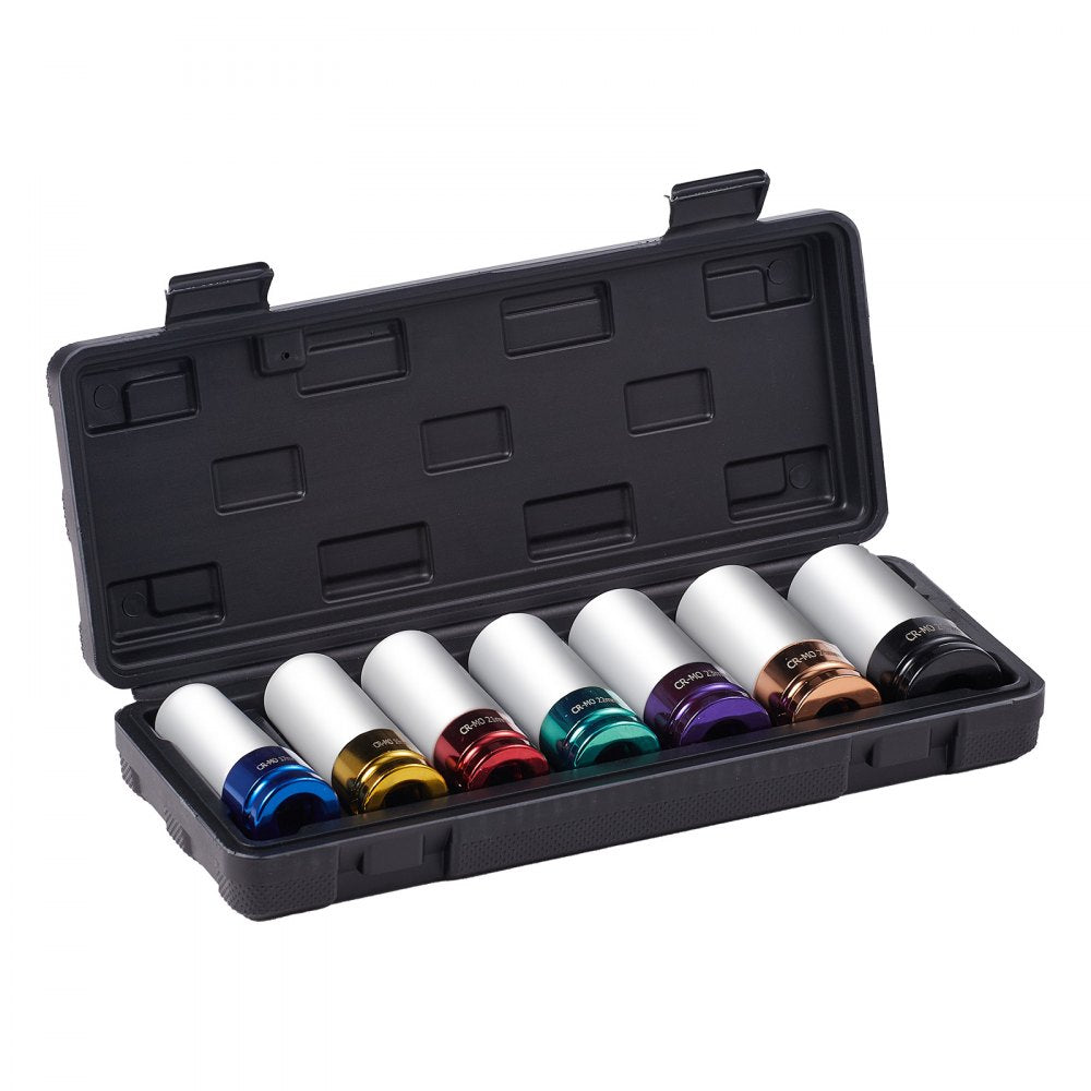 VEVOR Lug Nut Impact Socket Set, 1/2 inch Drive Metric 6-Point Deep Socket Set, 7 Total Lug Nut Sizes 17/19/21/22/23/24/27mm, CR-MO Steel Wheel Socket Set with Storage Case, for Auto Repair