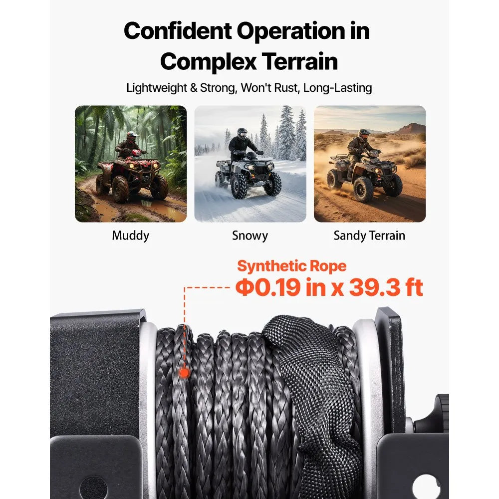 VEVOR 2500 lbs Electric Winch, 12V DC ATV/UTV Winch with Φ0.19 in x 39.4 ft Synthetic Rope & Wired Remote Control, IP55 Waterproof, Aluminum Housing Fairlead Mount Plate for Towing ATV, Black