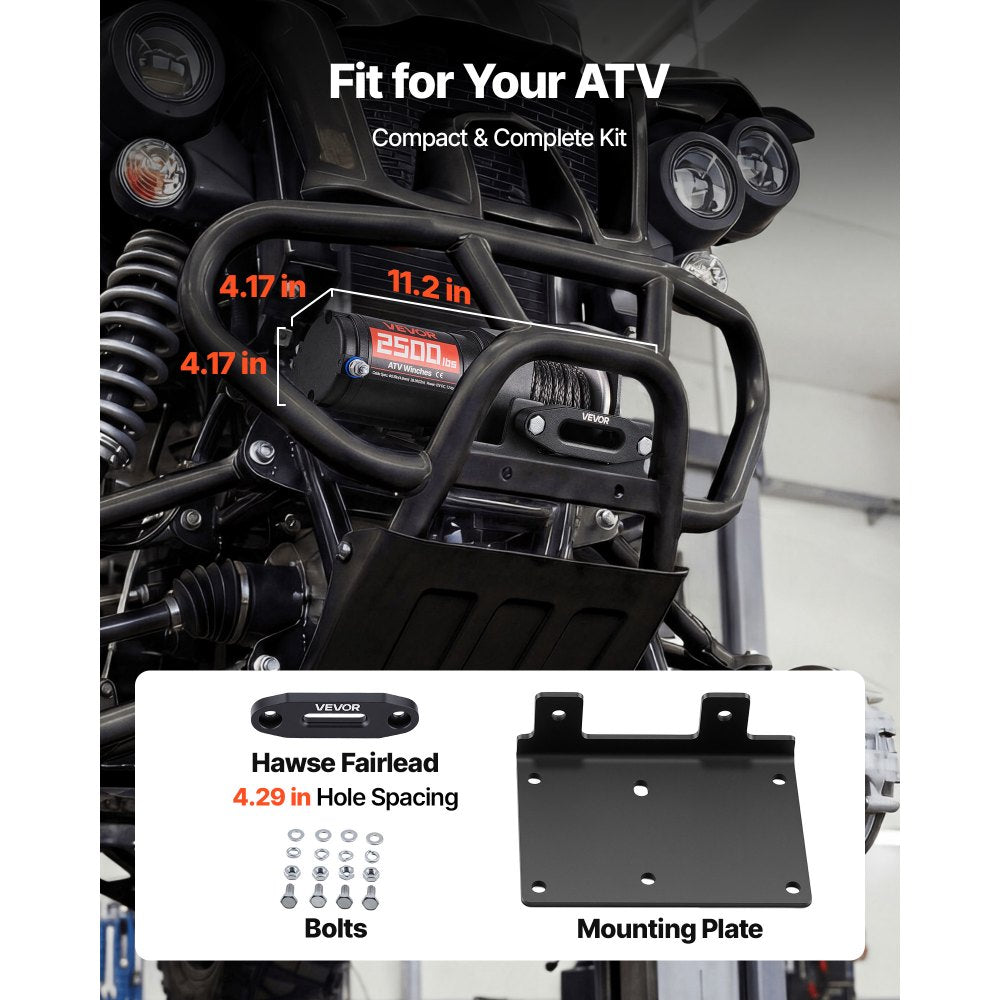 VEVOR 2500 lbs Electric Winch, 12V DC ATV/UTV Winch with Φ0.19 in x 39.4 ft Synthetic Rope & Wired Remote Control, IP55 Waterproof, Aluminum Housing Fairlead Mount Plate for Towing ATV, Black