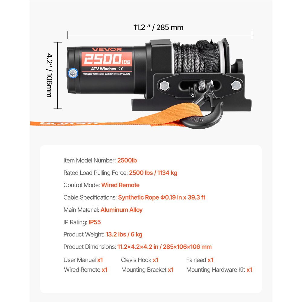 VEVOR 2500 lbs Electric Winch, 12V DC ATV/UTV Winch with Φ0.19 in x 39.4 ft Synthetic Rope & Wired Remote Control, IP55 Waterproof, Aluminum Housing Fairlead Mount Plate for Towing ATV, Black