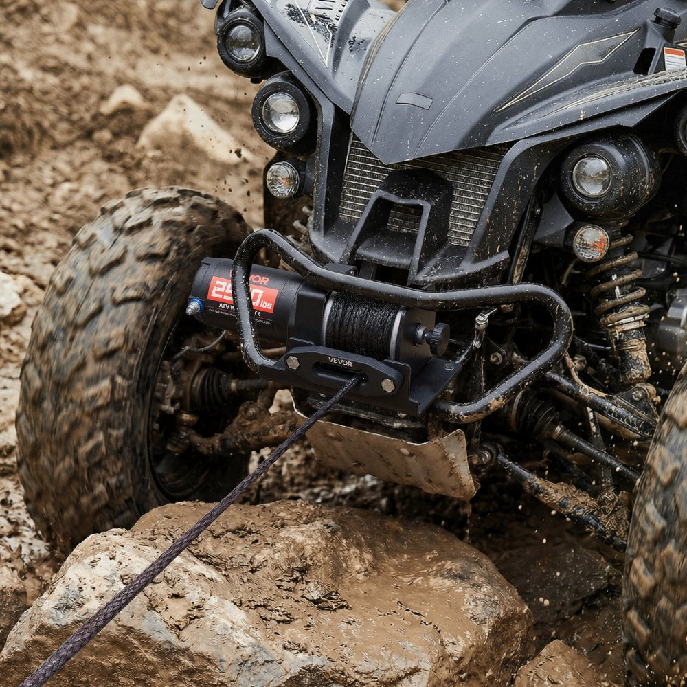 VEVOR 2500 lbs Electric Winch, 12V DC ATV/UTV Winch with Φ0.19 in x 39.4 ft Synthetic Rope & Wired Remote Control, IP55 Waterproof, Aluminum Housing Fairlead Mount Plate for Towing ATV, Black